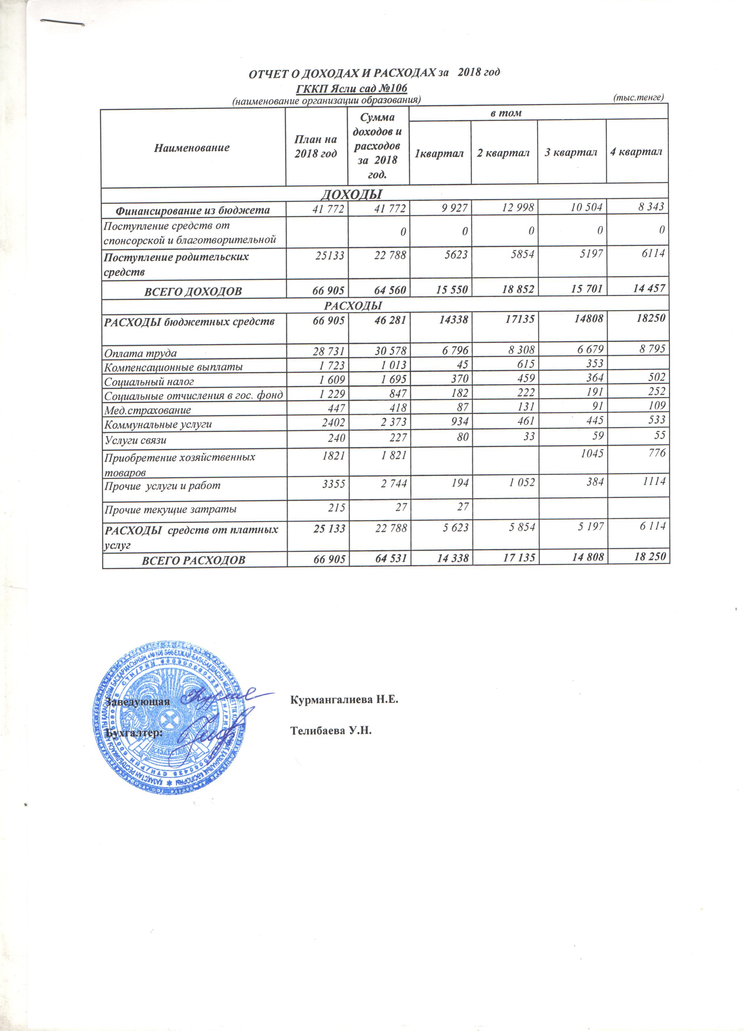 Отчет о доходах и расходах годовой за 2018 год